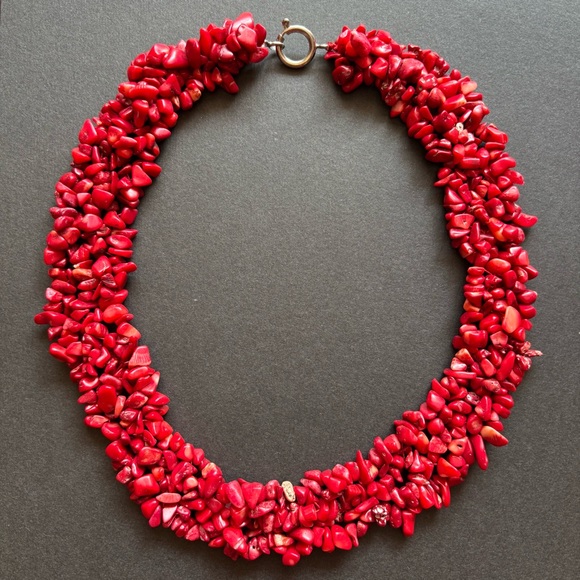 Red Coral Chip Statement Necklace And Bracelet Set | 18 IN - Picture 3 of 10